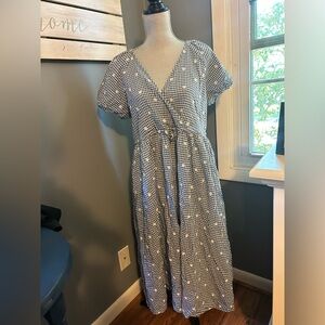 Embroidered Gingham Faux-Wrap Tie-Waist Midi Dress